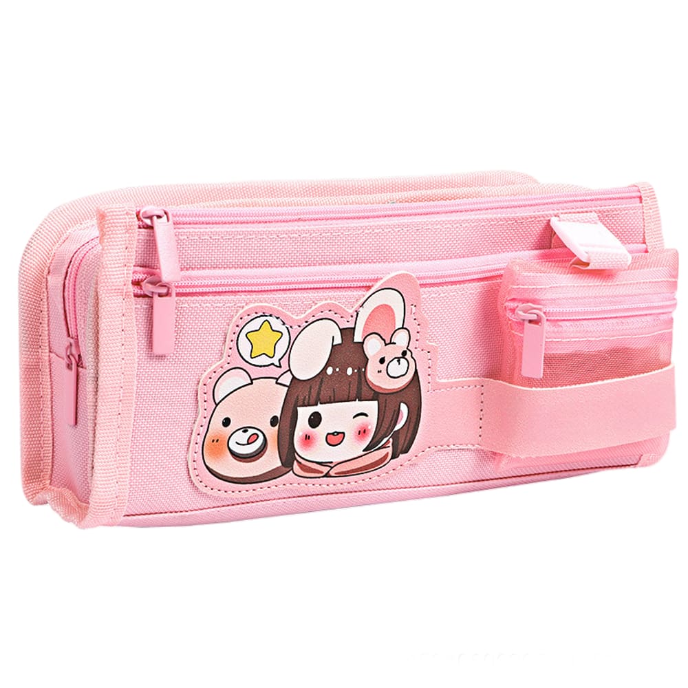 Estojo de lápis Cute Girl com design de lona rosa de grande capacidade