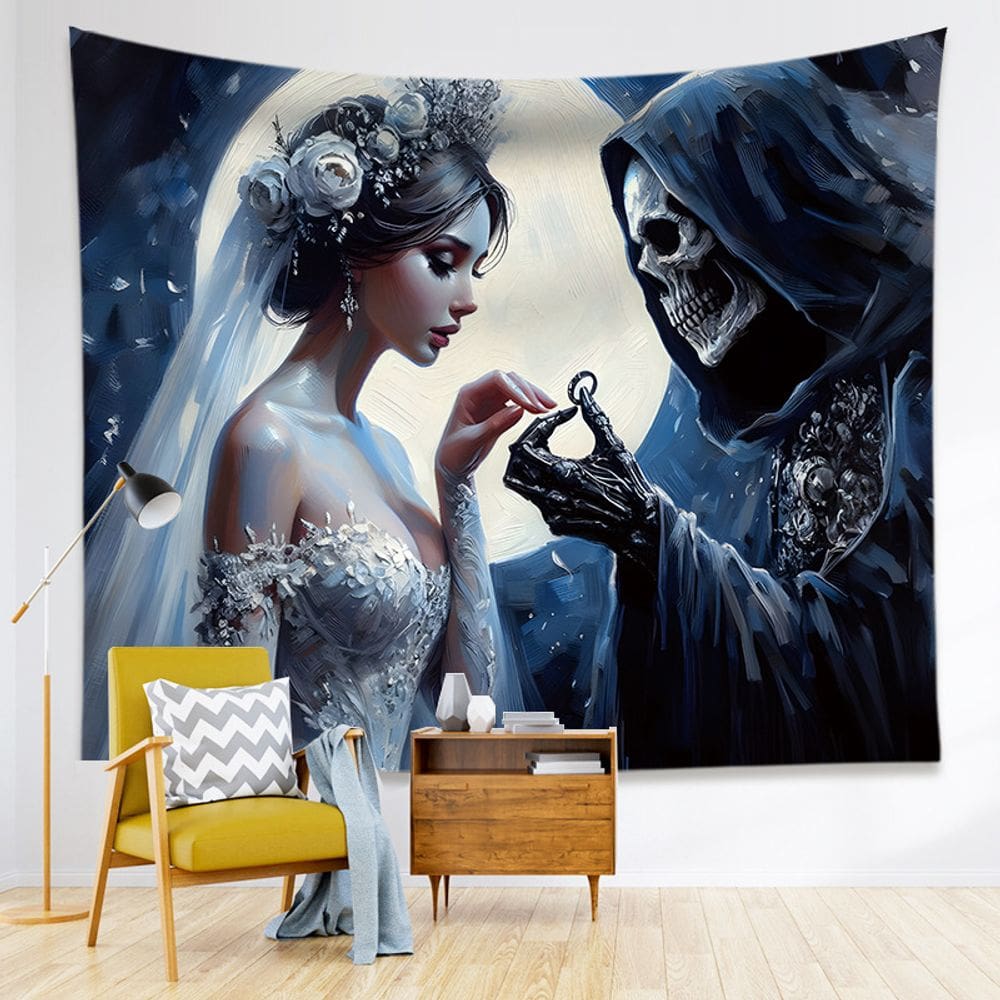 Tapeçaria para pendurar na parede Noiva gótica e esqueleto 100x70cm