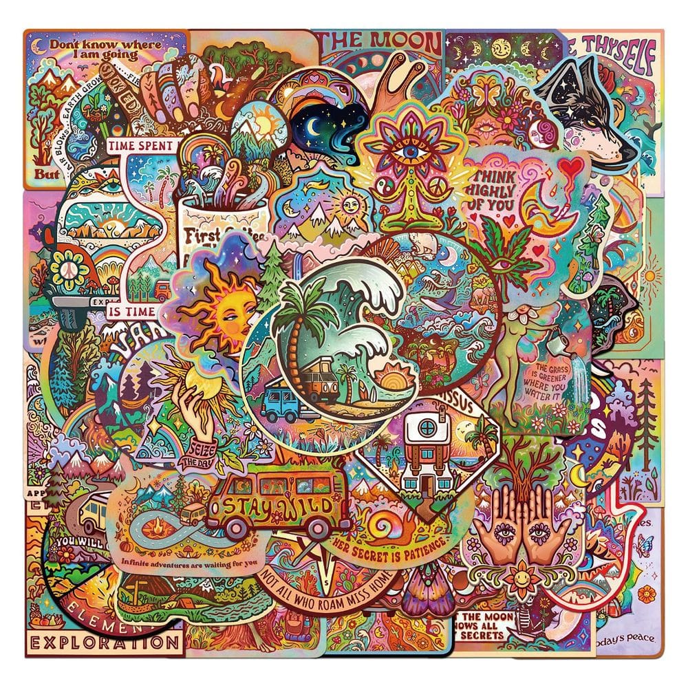 Pacote de adesivos Psychedelic Camping, 50 unidades de vinil impermeável