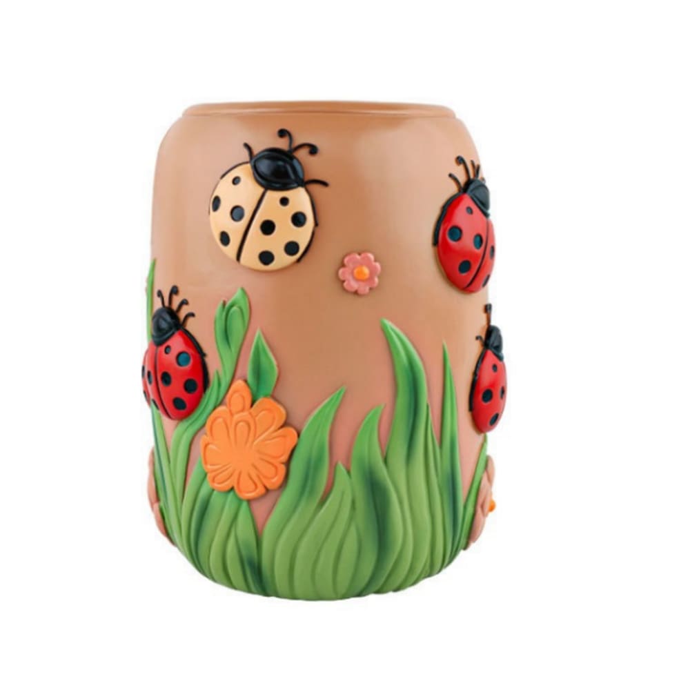 Design de joaninha de resina de vaso de flores com grama e flor 19x10,5 x 19 cm