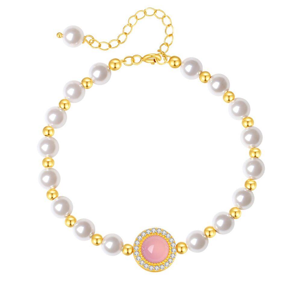 Pulseira S925 em prata com calcedônia branca e pérola sintética