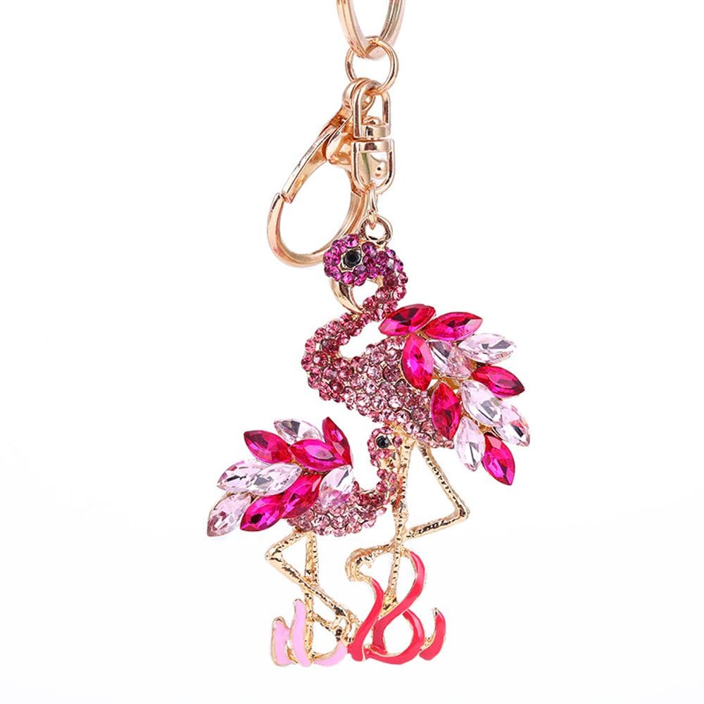 Pingente de chaveiro Flamingo, strass rosa, liga dourada