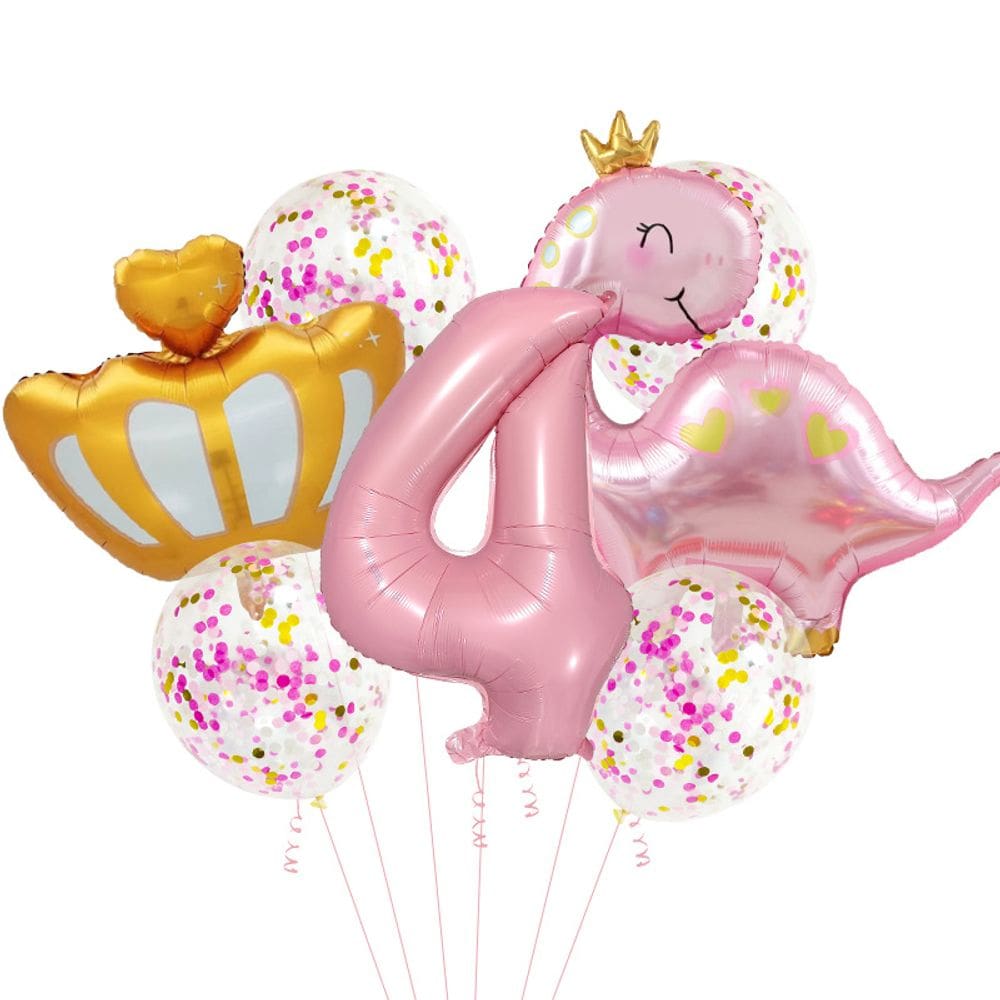 Conjunto de balões Foil Pink Dinosaur Crown, 7 unidades com número 4, menina
