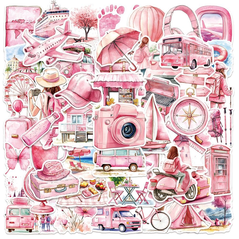 Pacote de adesivos com tema de viagem e aventura rosa, 50 unidades