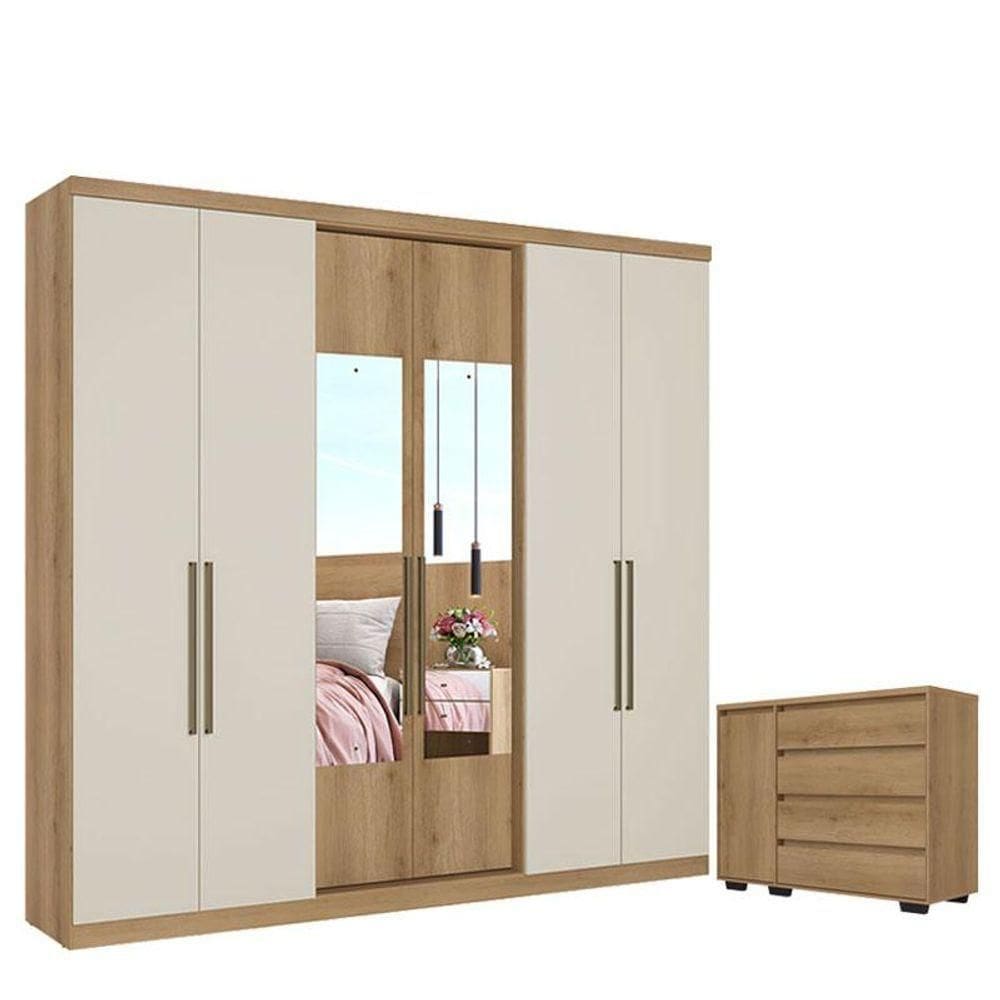 Guarda Roupa Casal Passione Ultra Glass 6 Portas Capuccino Off White E Cômoda Com Porta Aurora Cappuccino - Thb