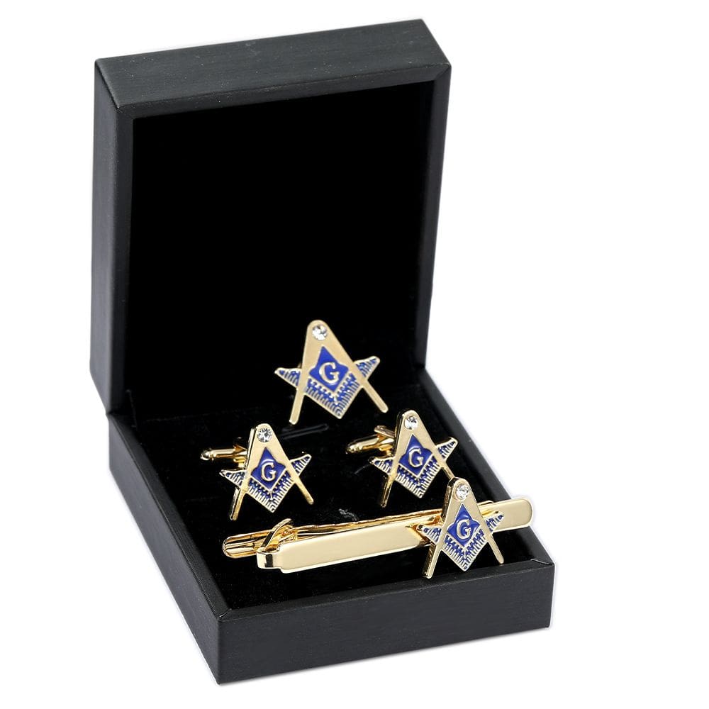 Conjunto de abotoaduras e clipes de gravata, quadrado e compasso maçônicos