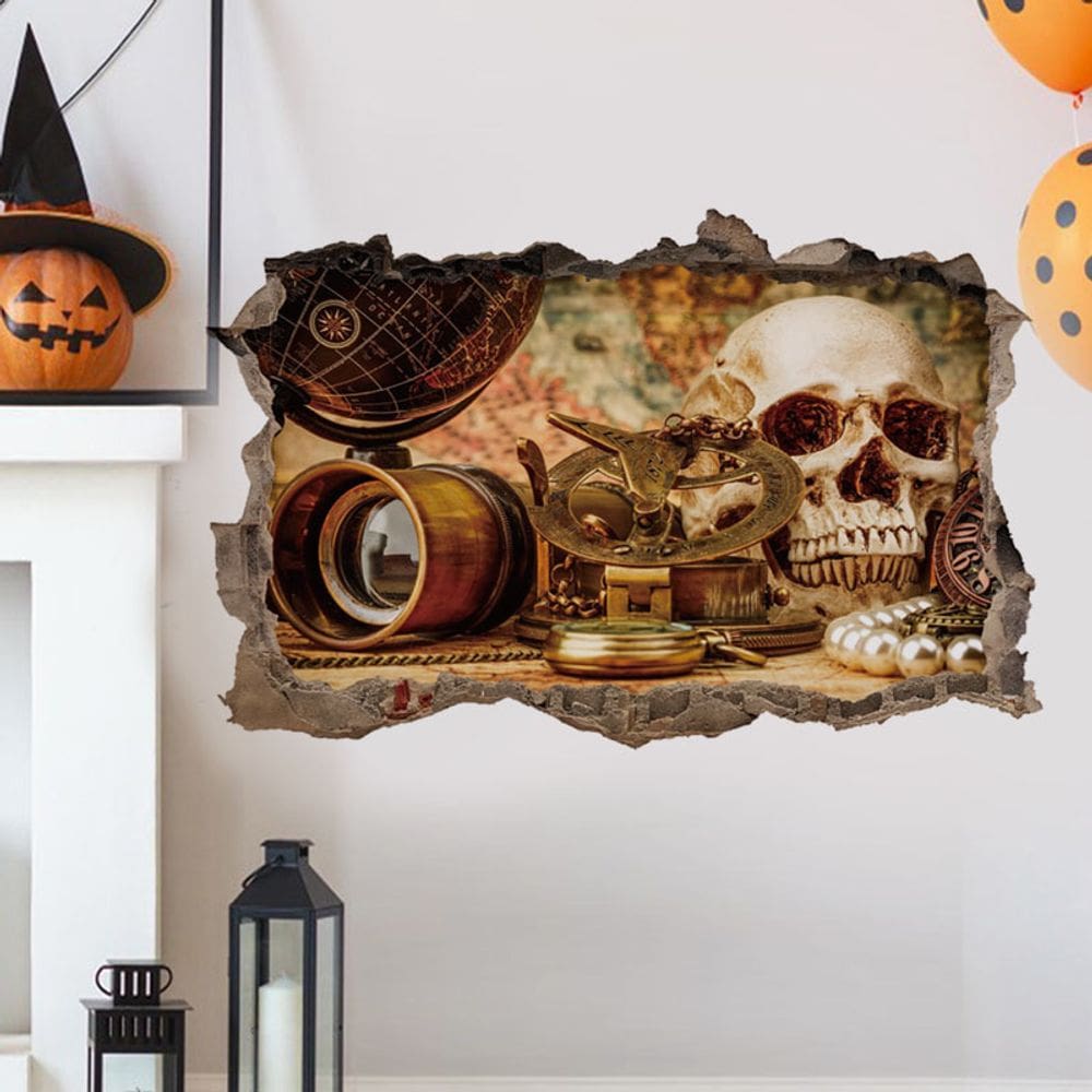 Adesivos de parede 3D Halloween Pirate Treasure Skull 30x90cm