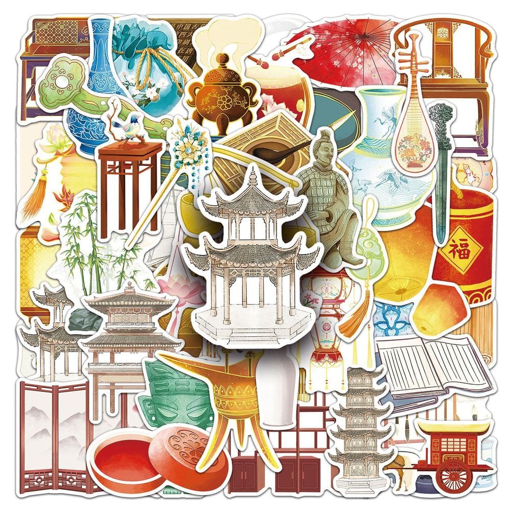 Pacote de adesivos em estilo chinês, 50 peças de arquitetura antiga