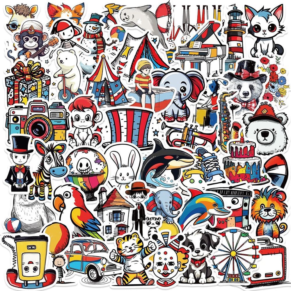 Pacote de adesivos Circus Theme, 50 peças de decalques de vinil de desenhos animados para animais