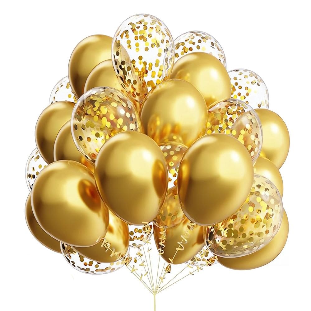 Conjunto de balões dourados, 20 peças, 30 cm, metálicos e confetes