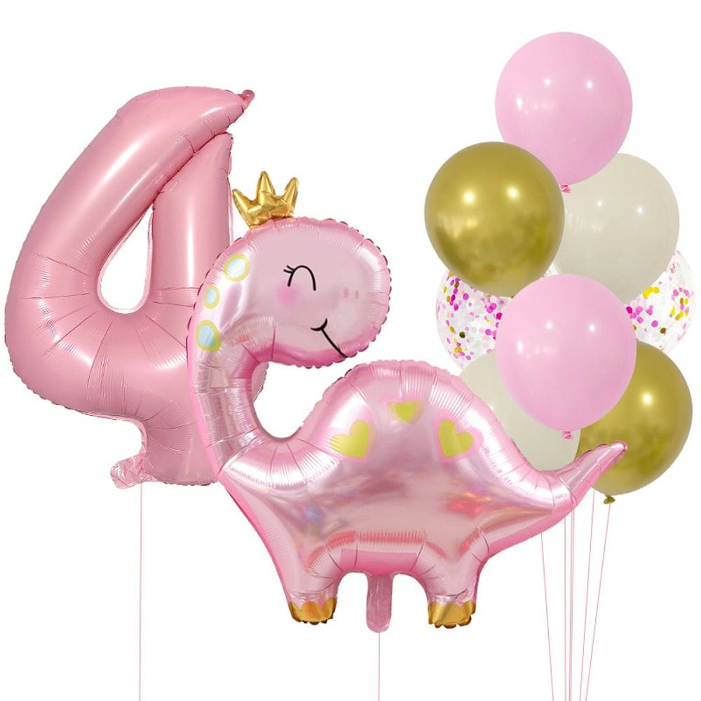Kit de balões com tema de dinossauro rosa com balão número 4 x10