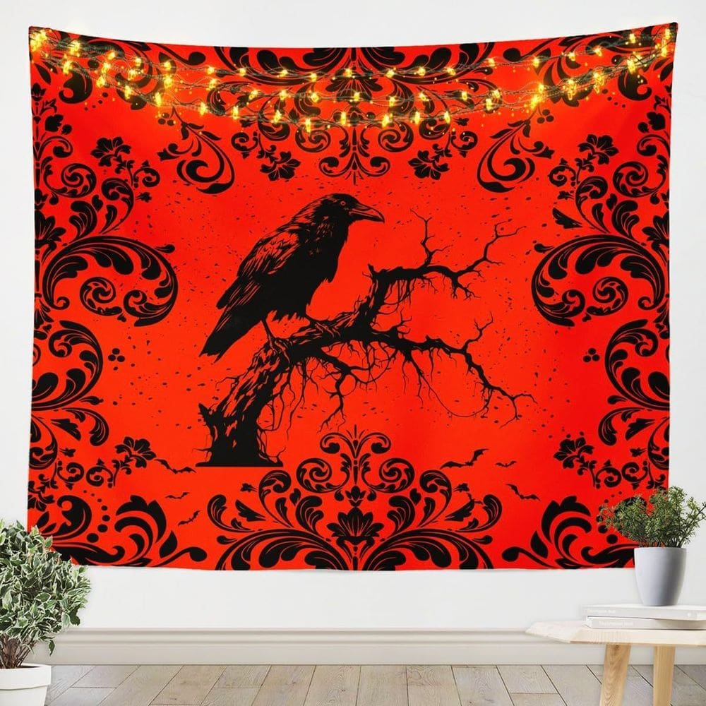 Tapeçaria para pendurar na parede Halloween Raven Gothic Black Crow