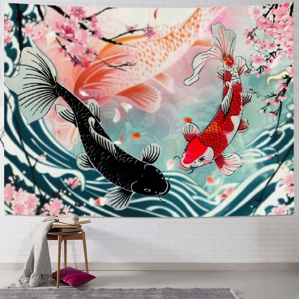 Tapeçaria para pendurar na parede Japanese Koi Fish & Sakura 150x130cm