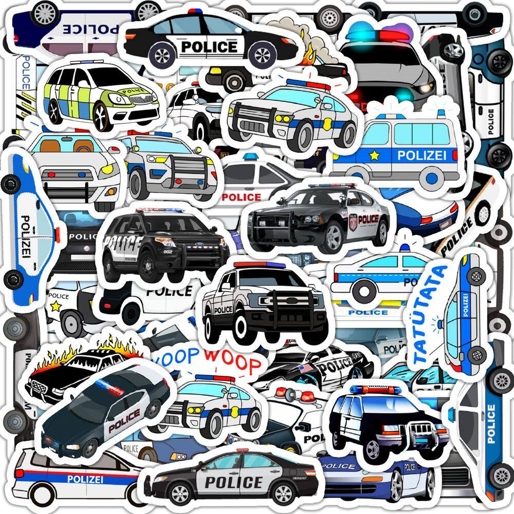 Pacote de adesivos Cartoon Police Car, 50 unidades à prova d`água para crianças