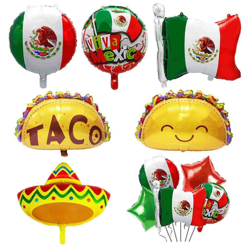 Conjunto de balões com tema do México, 11 peças com bandeira mexicana, taco e sombrero