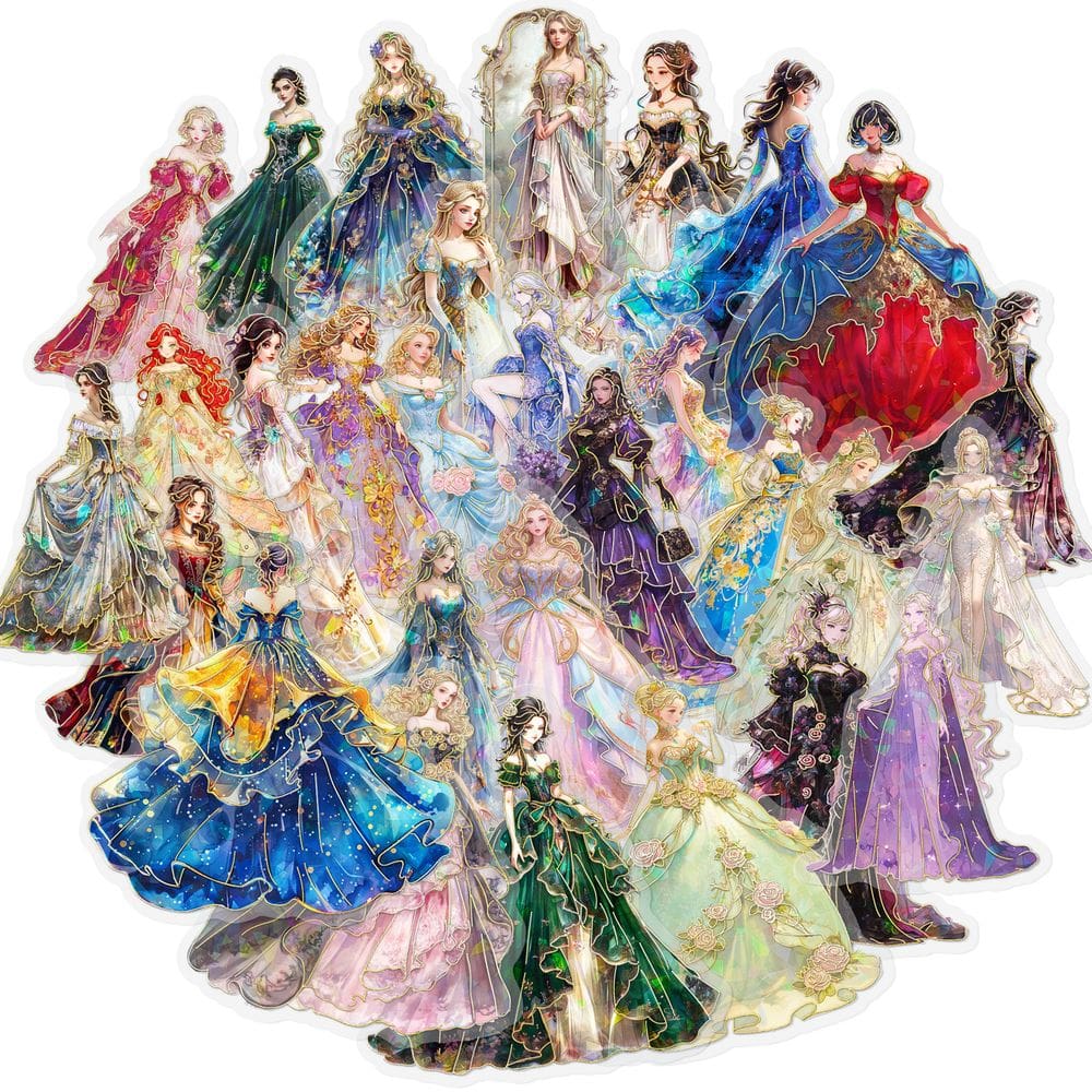 Pacote de adesivos Princess Dress, 30 peças de vinil elegante de desenho animado