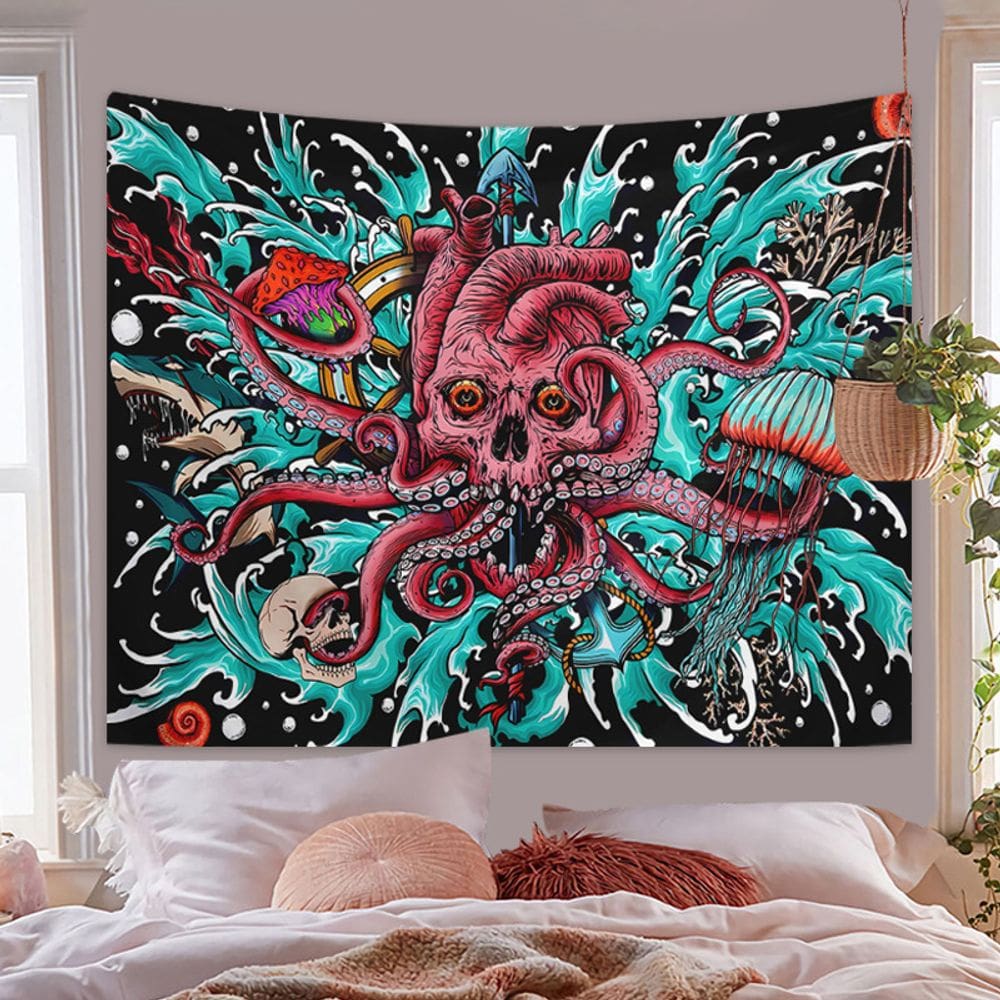 Tapeçaria para pendurar na parede Skull Octopus Horror Ocean 150x130cm