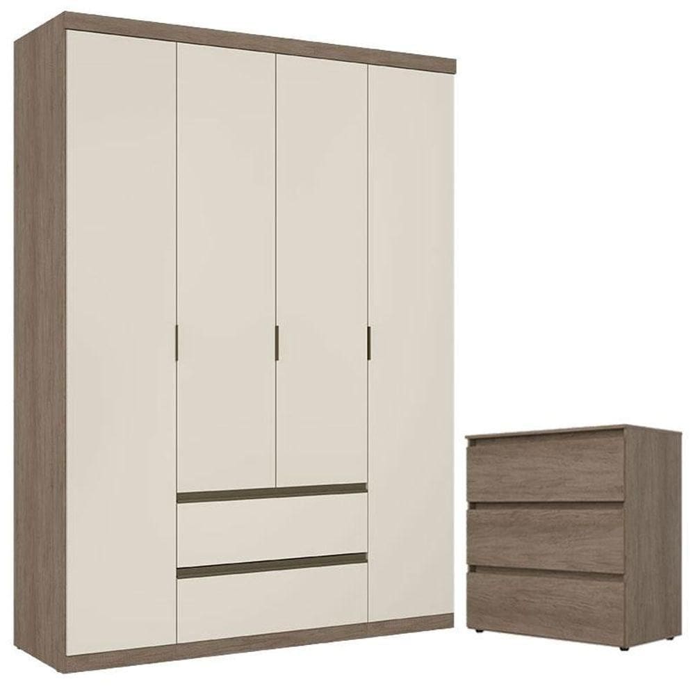 Guarda Roupa Solteiro Nobre 4 Portas Off White E Cômoda Gaveteiro Condessa Rustic Acetinado - Thb
