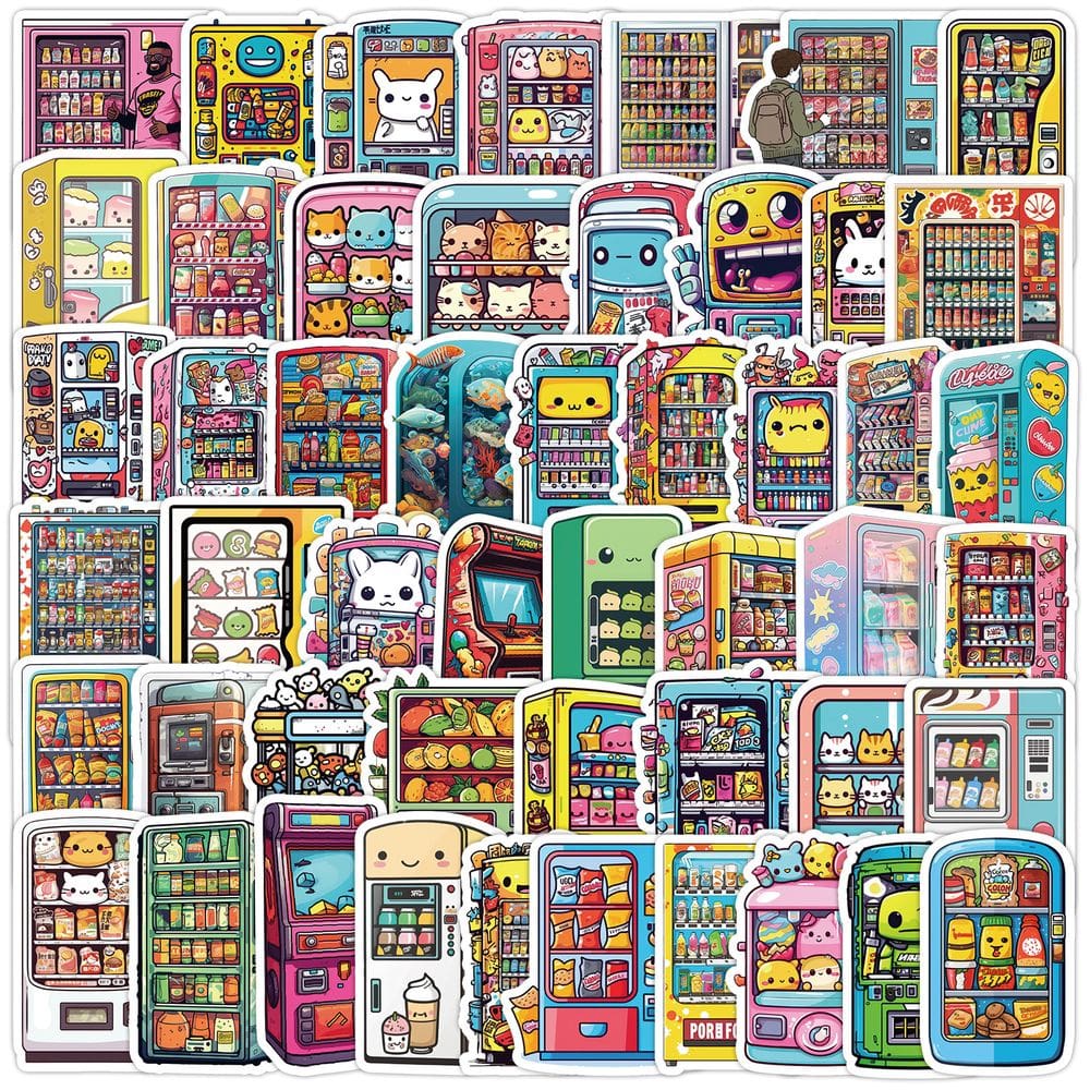 Pacote de adesivos com tema de máquina de venda automática, 50 unidades de desenho animado Kawaii