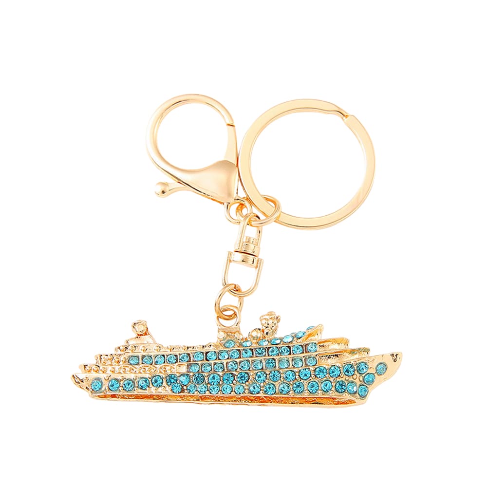 Chaveiro com design de barco metálico de navio incrustado de cristal