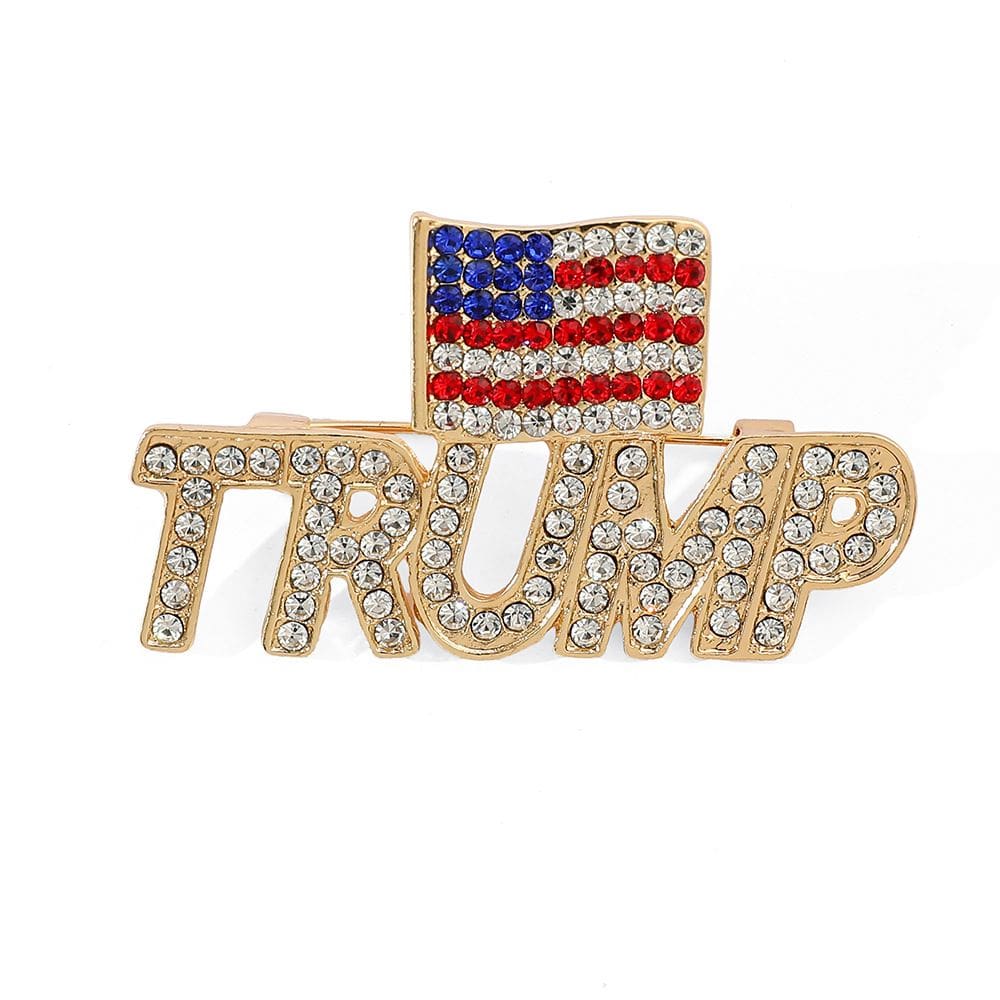 Broche, bandeira de strass com design de letras, lapela de liga leve