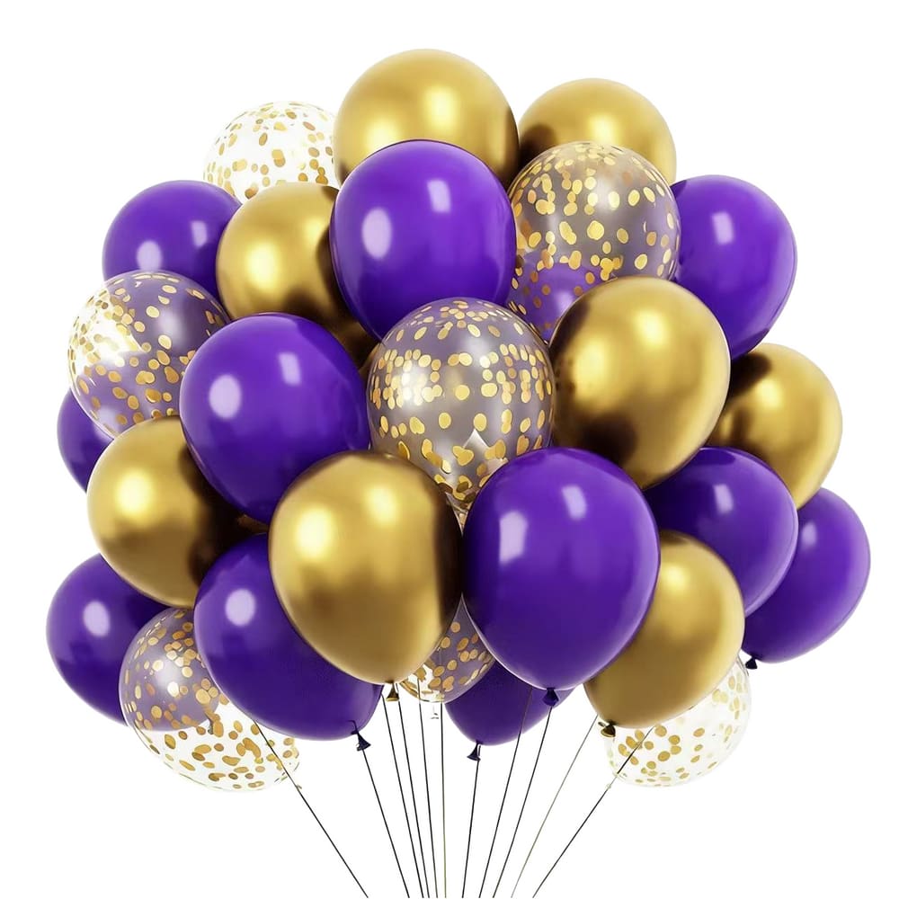 Conjunto de balões de látex roxo e dourado com confete 120 unidades