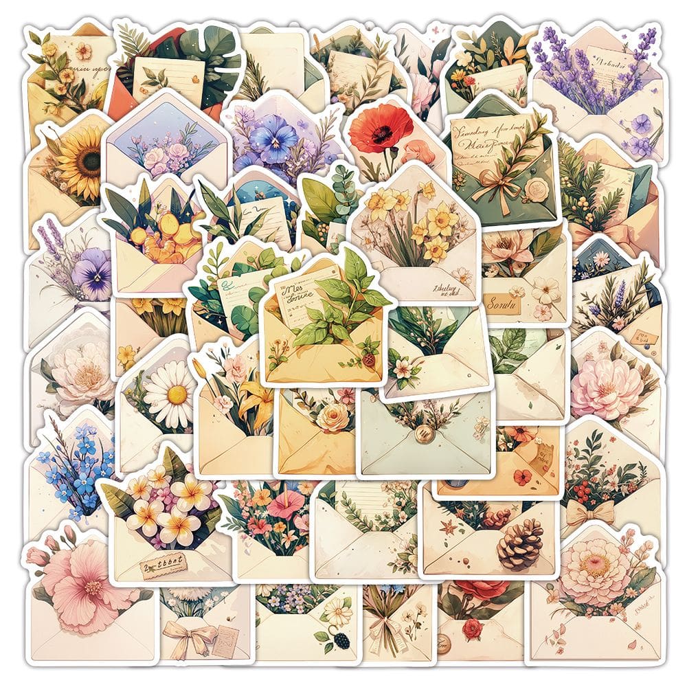 Adesivos, envelope vintage, 50 unidades, flores e animais antigos