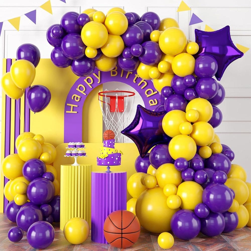 Kit Balloon Garland Arch 113 unidades com tema de basquete amarelo/roxo