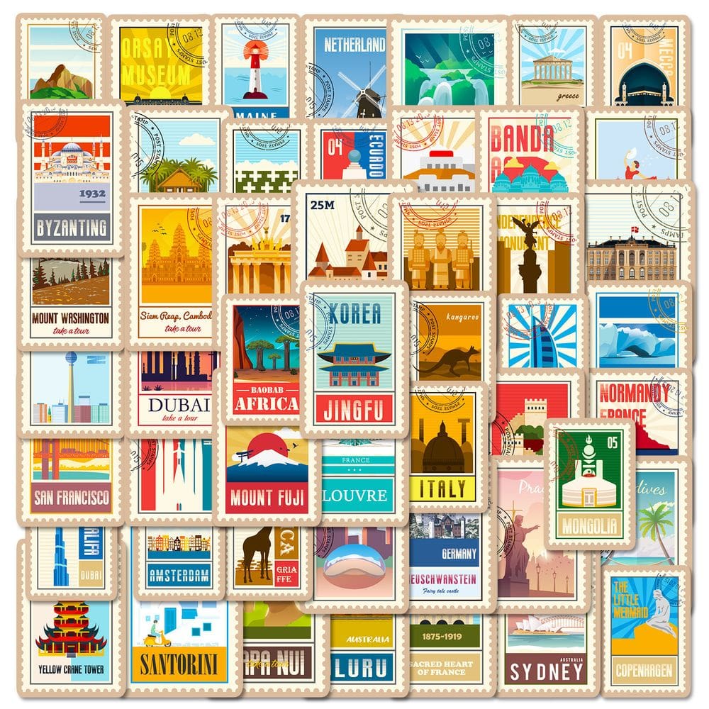Adesivos, selo postal vintage, 50 unidades, retrô Travel & City T