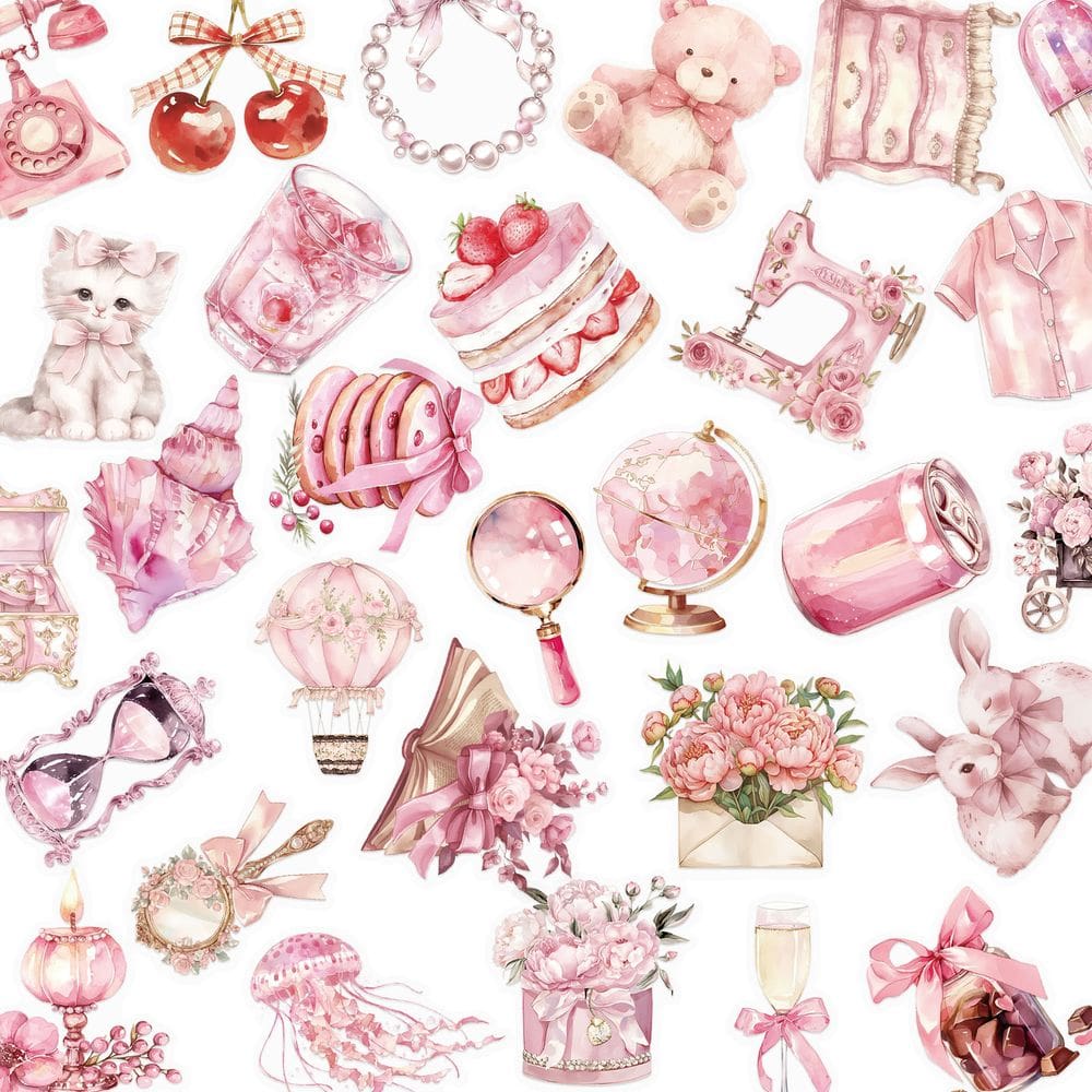 Pacote de adesivos Pink Aesthetic, 50 peças de adesivos fofos de vinil PET
