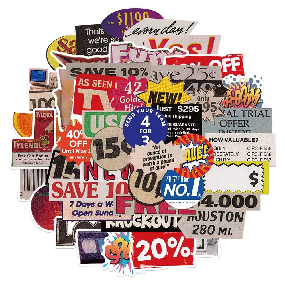 Pacote de adesivos, estilo pop art, publicidade retrô, 50 unidades