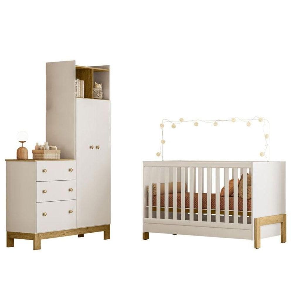 Berço Americano Mini Cama 4300 Fantasia E Guarda Roupa Com Cômoda 4970 Slim Branco Acetinado - Qmovi
