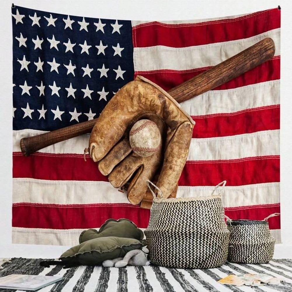 Tapeçaria de beisebol para pendurar na parede, taco e bola vintage