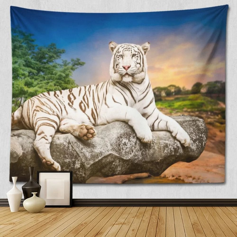 Tapeçaria para pendurar na parede White Tiger Sunset Forest 150 cm x 130 cm