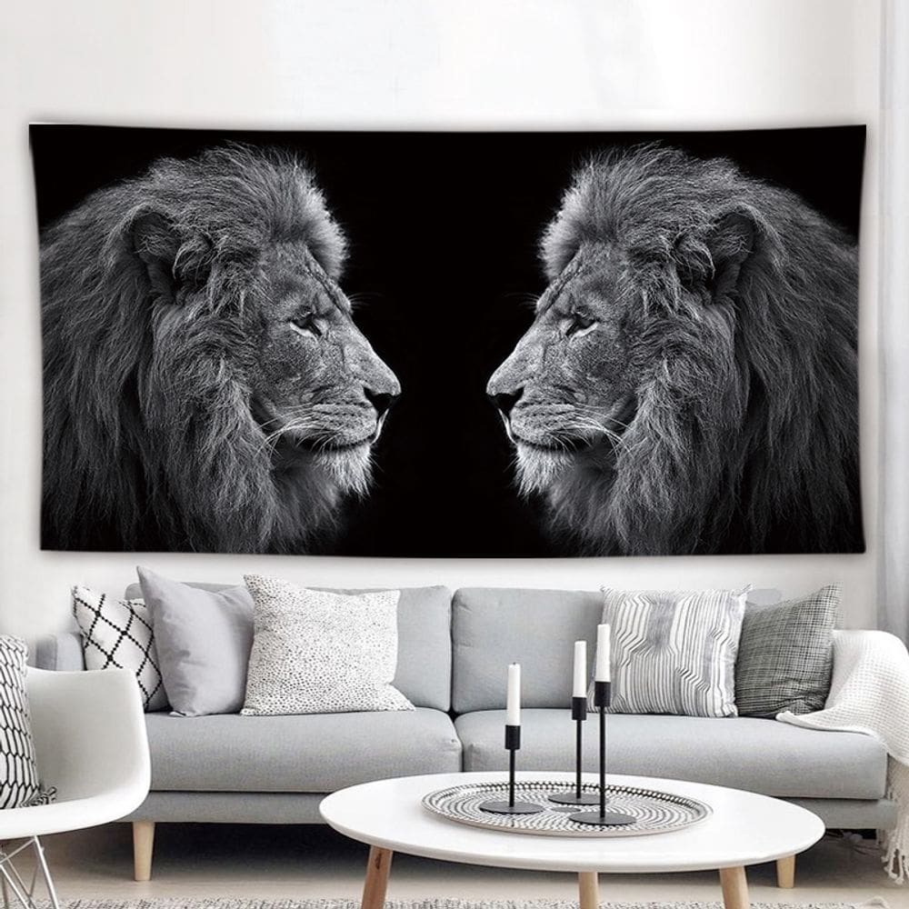 Tapeçaria para pendurar na parede com cabeça de leão dupla em preto e branco 150x130cm
