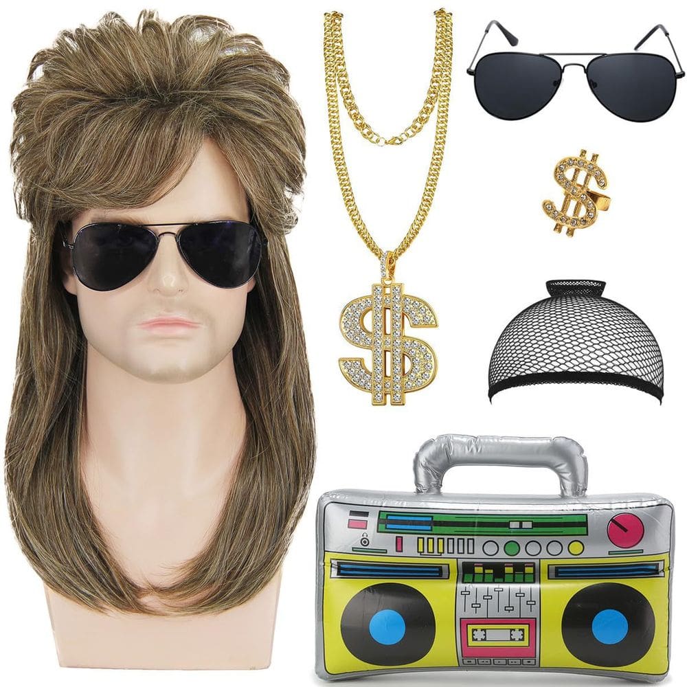 Conjunto de perucas Cosplay Rock Star Voluminous Curly dos anos 80 para homens e mulheres