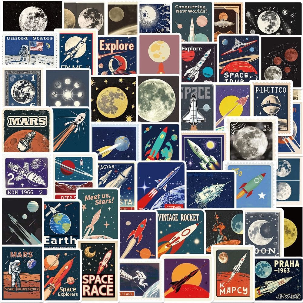 Pacote de adesivos Retro Space Travel 50 unidades Vintage Rocket & Planet