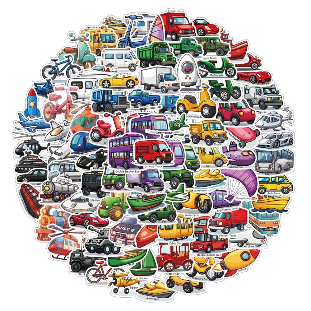 Conjunto de adesivos para transporte, 200 unidades com etiquetas em inglês para crianças
