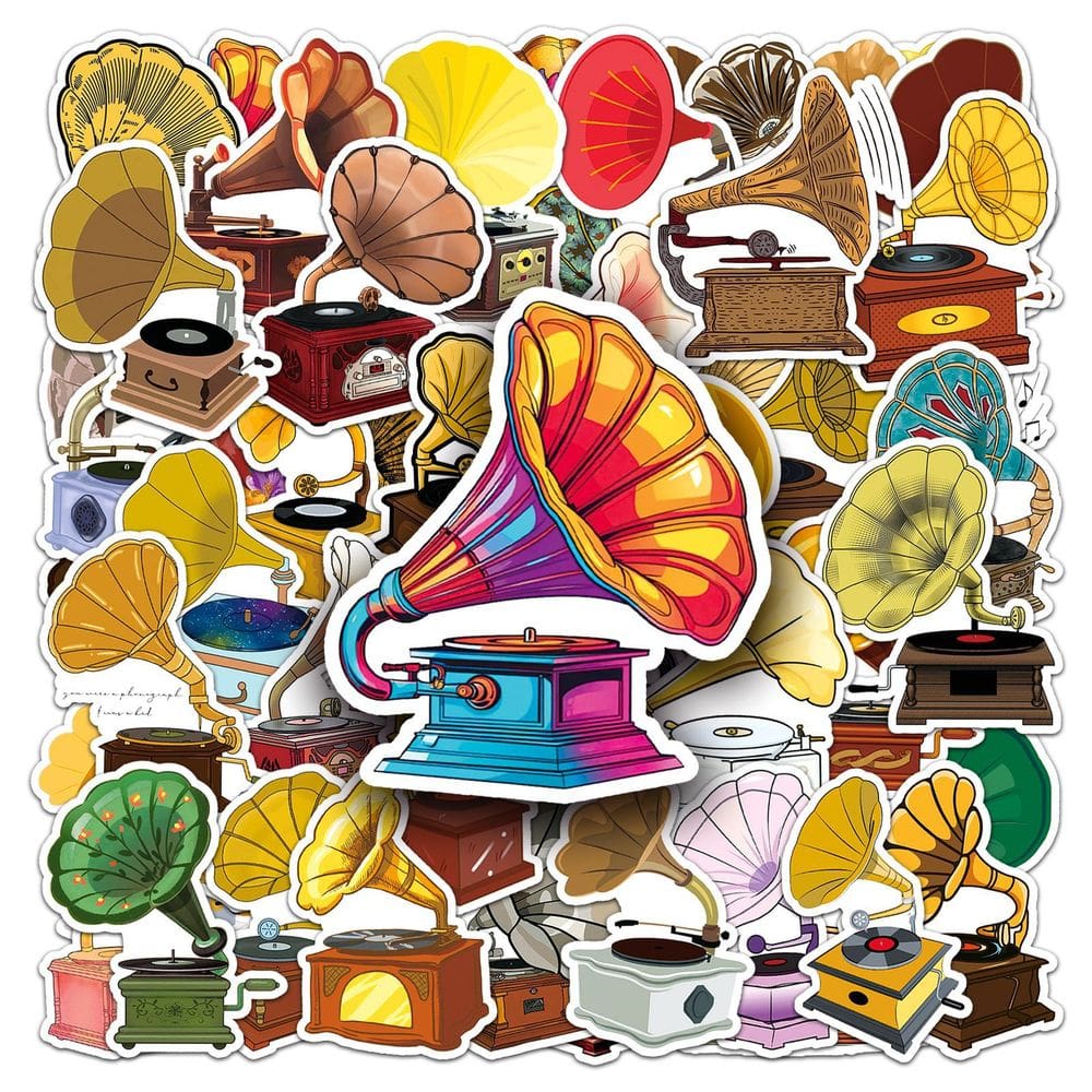 Pacote de adesivos: 50 peças de gramofone, fonógrafo retrô vintage