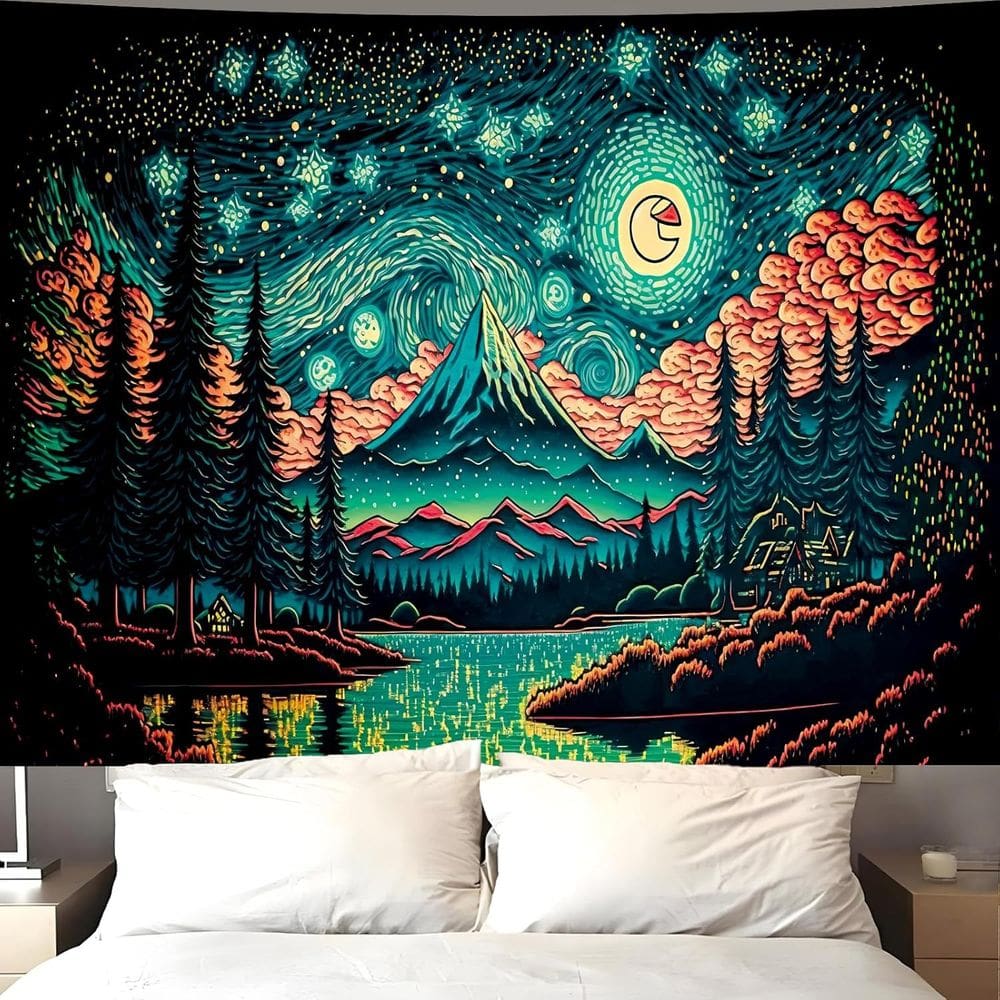 Tapeçaria para pendurar na parede Trippy Mountain Night 150 cm x 130 cm