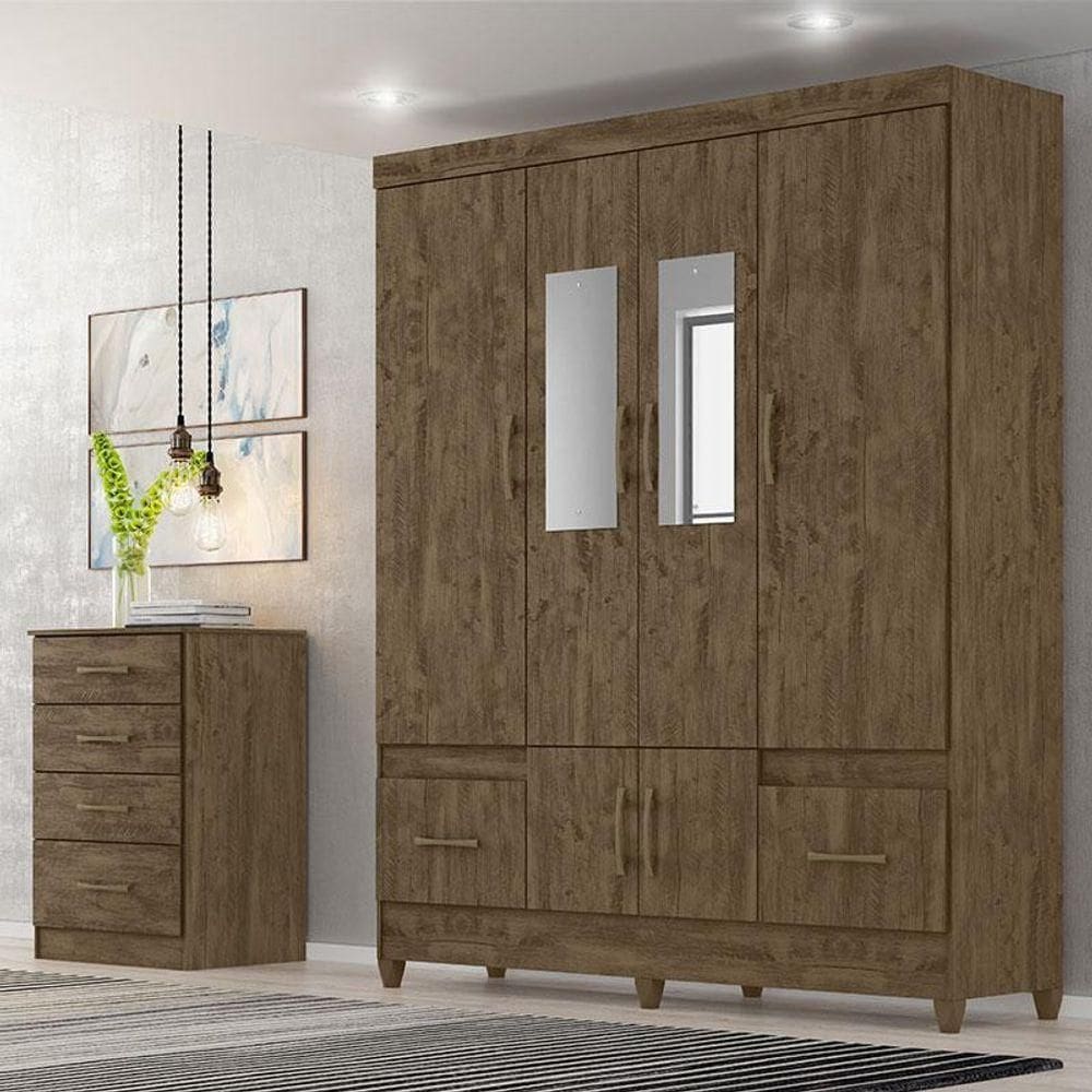Guarda Roupa Casal Ambiente Ms912 Com Espelho E Cômoda Ms913 Castanho Wood - Moval