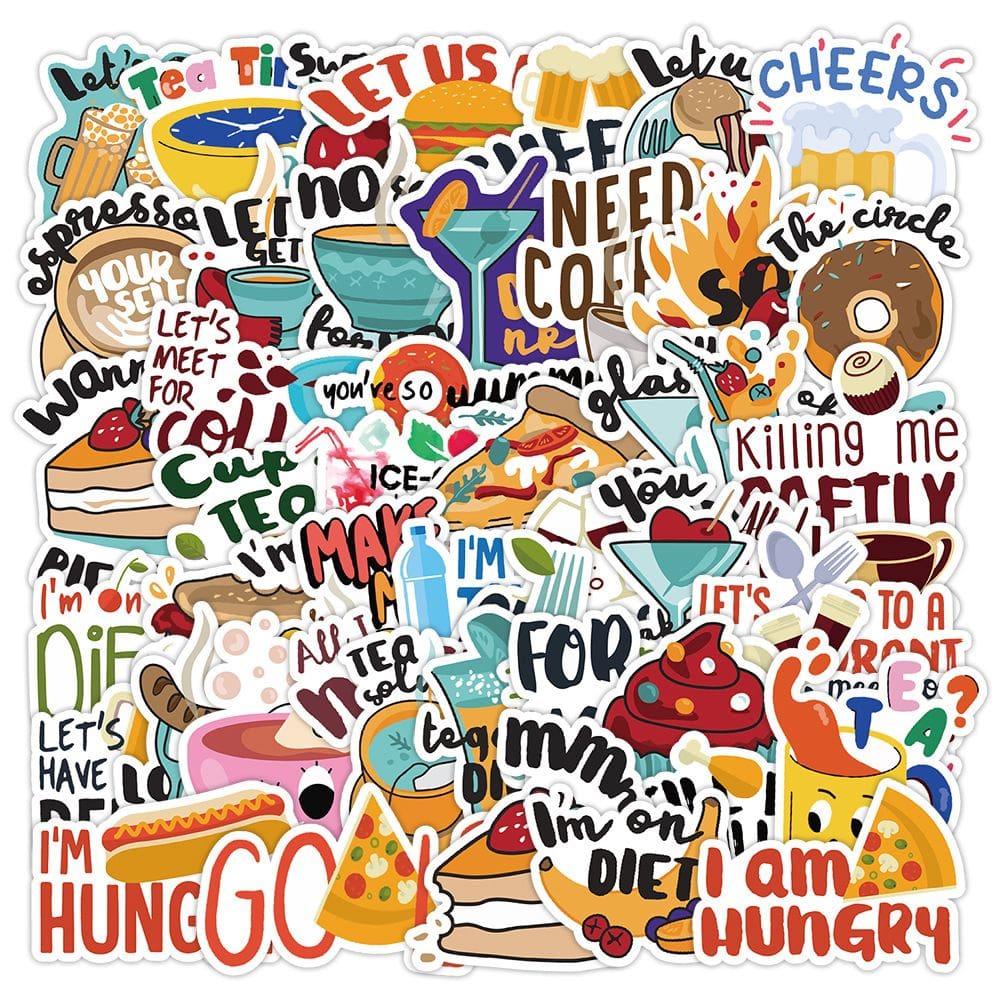 Pacote de adesivos para comida e bebida, 50 peças de vinil impermeável de desenho animado