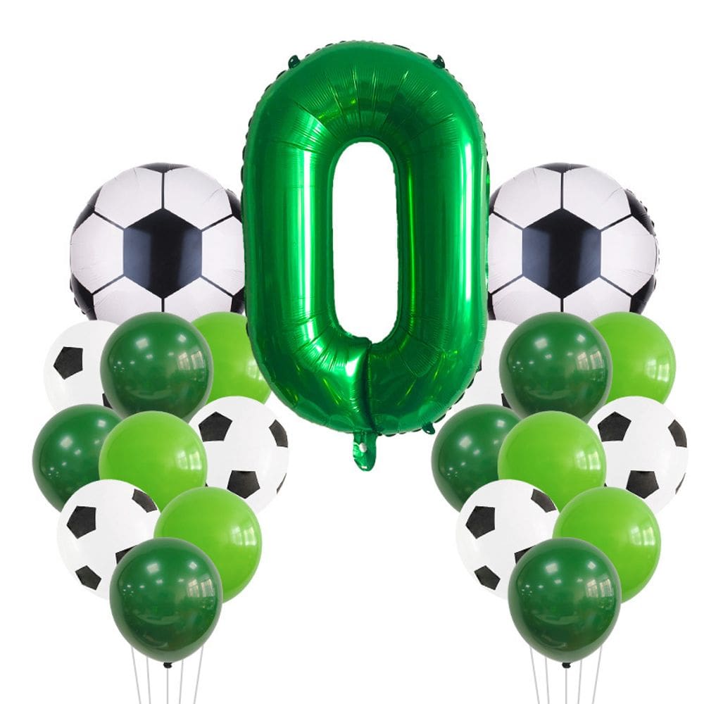 Conjunto de balões com tema de futebol, número 0, 21 unidades, verde e branco