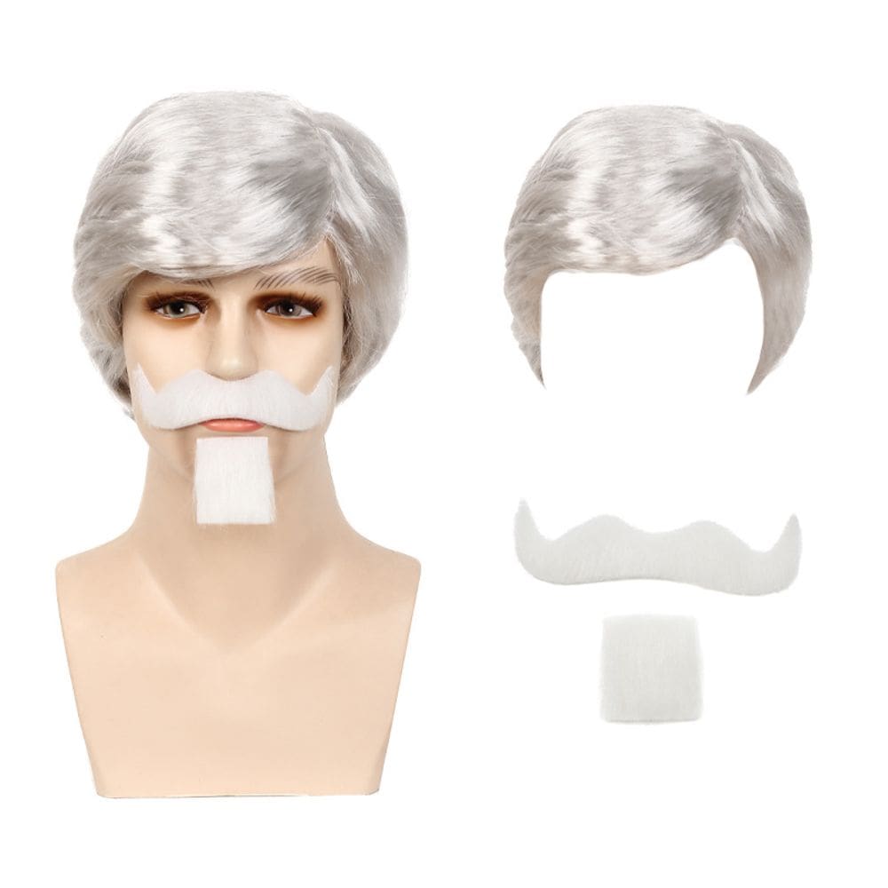 Conjunto de peruca Cosplay branca prateada com bigode e cavanhaque