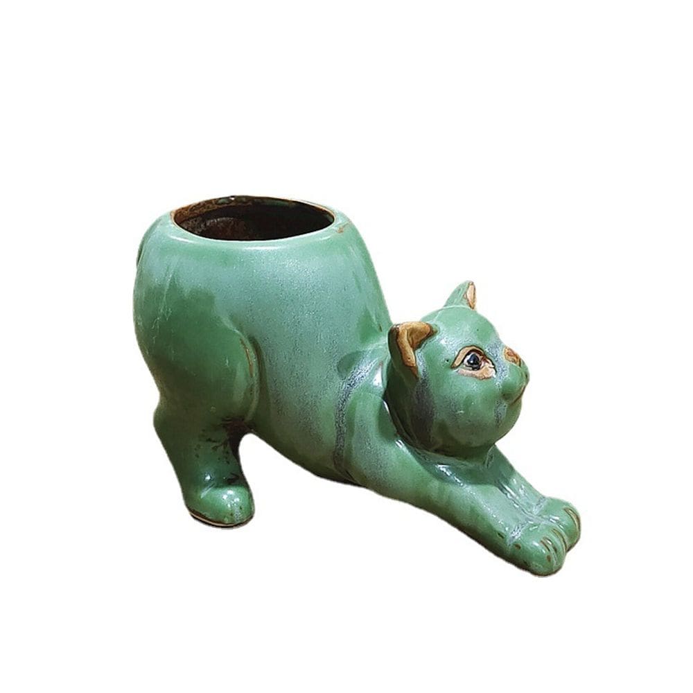 Vaso de flores em cerâmica em forma de gato, animal de desenho animado criativo, 17 cm