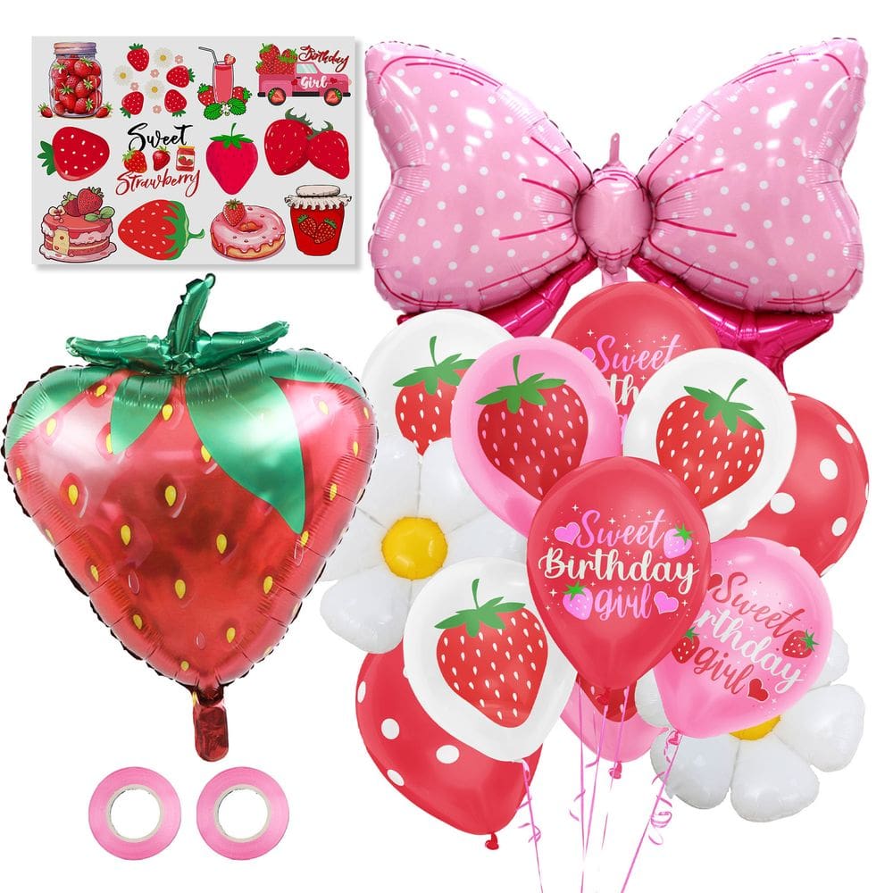 Conjunto de balões metalizados com tema de morango, 14 unidades para aniversário de menina