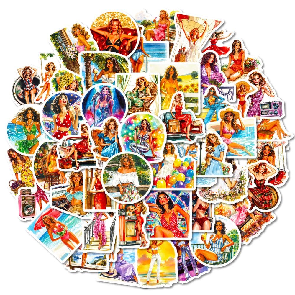 Pacote de adesivos Cartoon Retro Girl Vintage Style 50 unidades