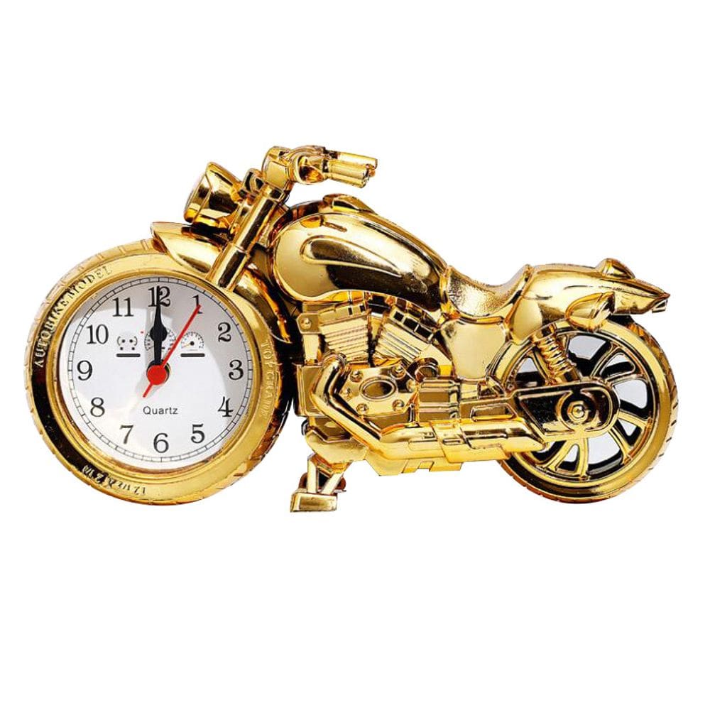 Despertador em forma de motocicleta com acabamento dourado com movimento de quartzo