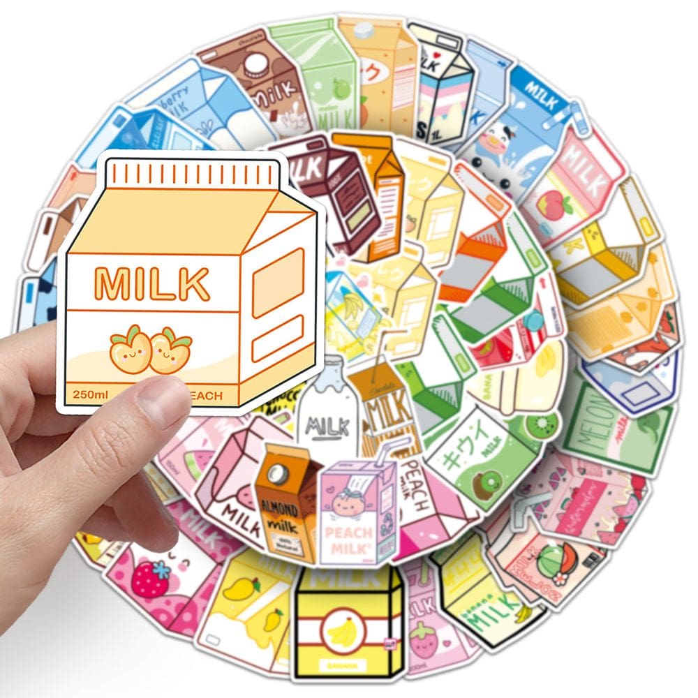 Conjunto de adesivos: 50 unidades, caixa de leite, decalques de vinil impermeáveis para crianças