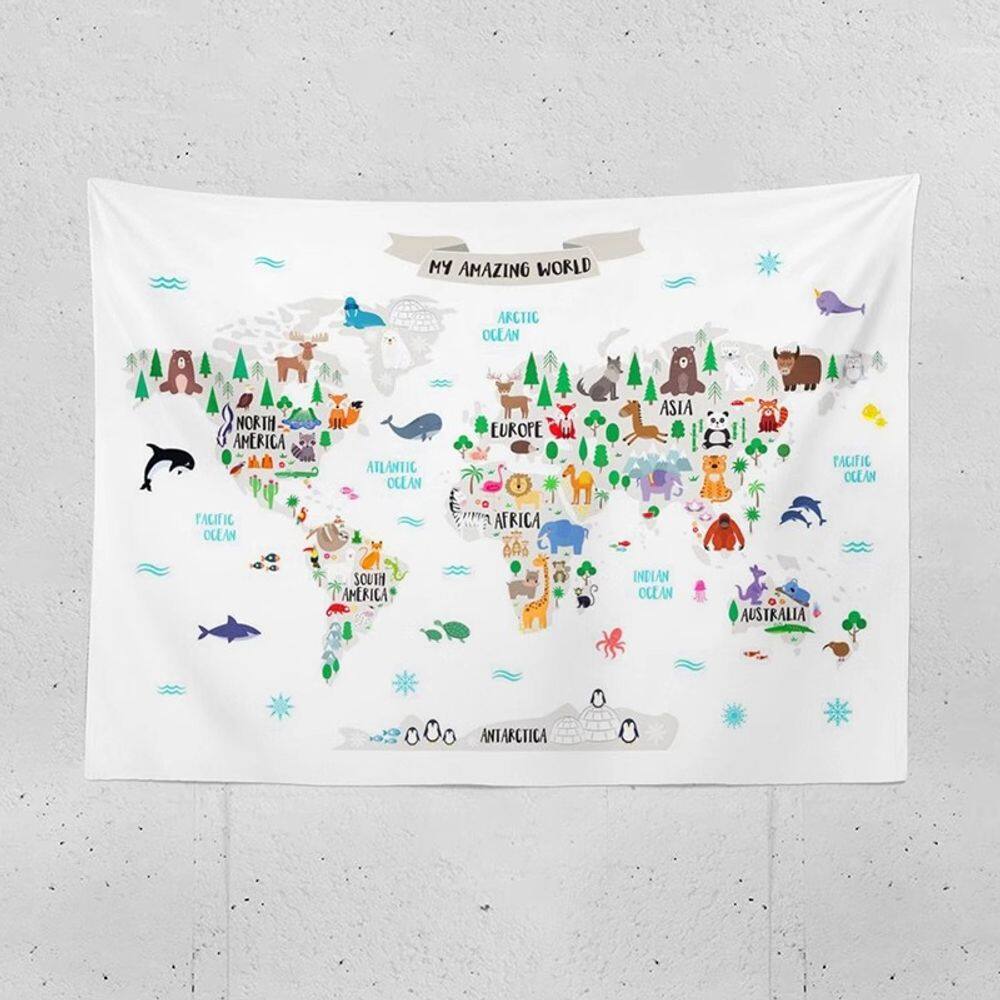 Tapeçaria para pendurar na parede para crianças Mapa do Mundo Animal 150 cm x 130 cm
